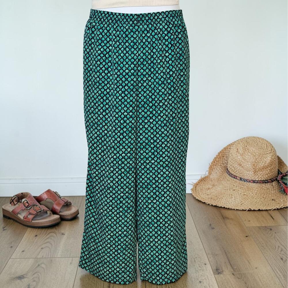 Vintage 90s Nira Nira NY Wide Leg Pants L Satin Resort Teal Green Elastic Waist